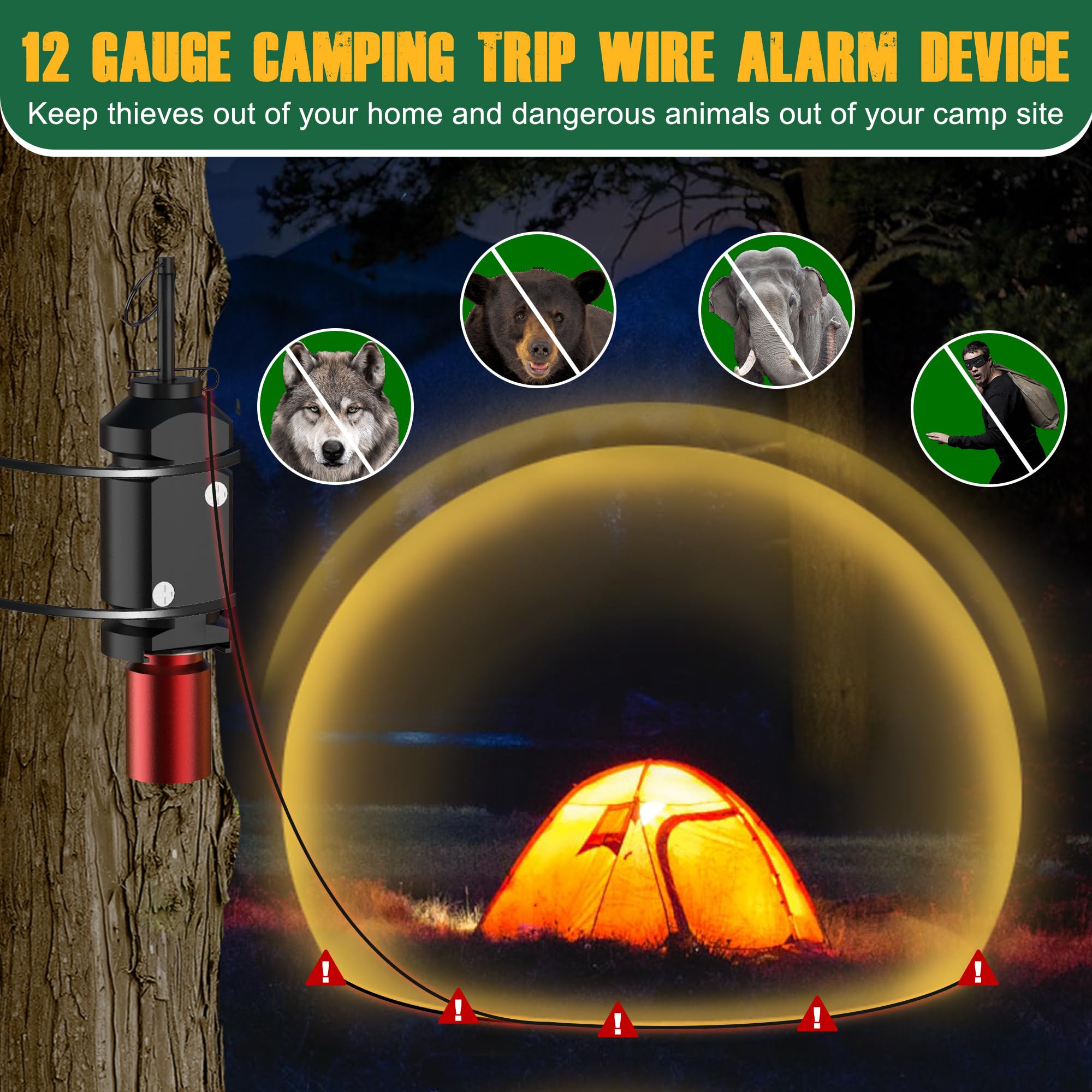 Perimeter Trip Alarm, 12 Gauge Outdoor Camping Trip Wire Alarm Device, Early Warning Security System for Camping and Property Safety/Bear Deterrent (1 Pack)