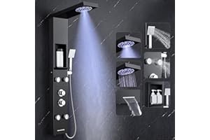 ROVOGO Led Shower Panel Tower System with Shelf, Rainfall & Mist Shower Head, Body Jets, Handheld and Tub Spout, Stainless Shower Column with Led Lights, Black