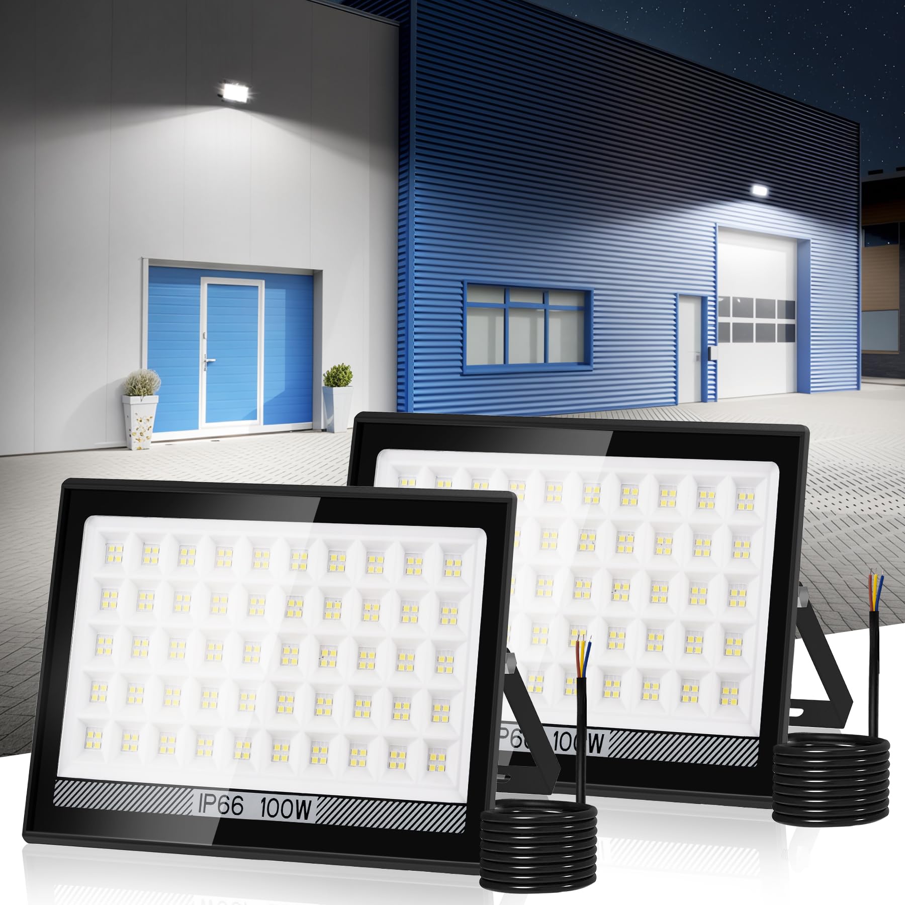 NATPOW Outdoor Security Lights, 100W Flood Lights Outdoor 144 LEDs 6000K LED Garden Floodlights 11000LM, IP66 Waterproof Upgrade Wall Light for Garage, Warehouse, Parking Lot, Yard, Backyard(2 Pack)