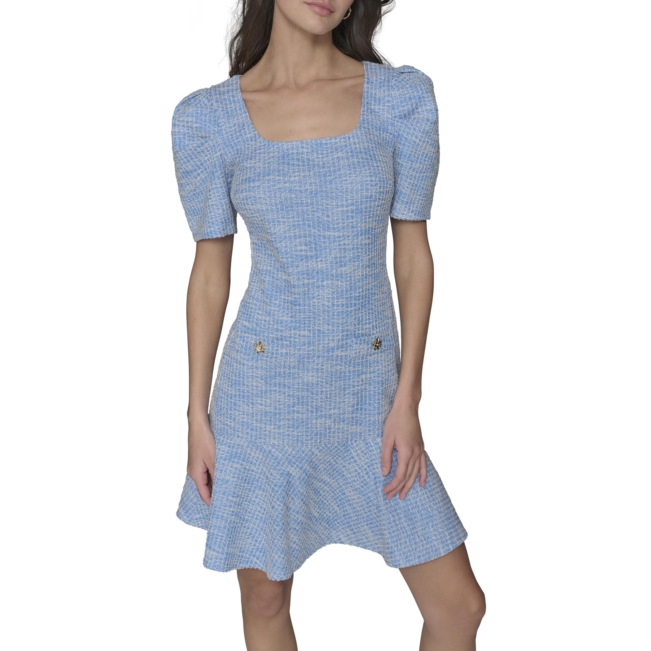 Karl Lagerfeld Paris Women’s Puff Sleeve Swaure Neck Flounce Tweed A-Line Mini Dress, French Blue/Soft White