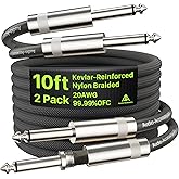 AA AUDIO ACCESSORY Guitar Cable 10 ft 2 Pack, Kevlar-Reinforced 10X Heavy-Duty Nylon Braided, 20AWG 99.99% OFC, Heat-Shrink Protected 1/4 Instrument Cable, Shielded Amp Cord for Fender Electric Guitar