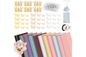 Hossmily 209 Pcs Flower Bouquet Wrapping Paper Waterproof Floral Wrapping Paper Florist Supplies with Butterfly Decoration Crowns Ribbons Bouquet Pin Glue for DIY Craft (10 Colors)