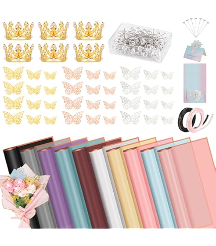 Hanaive 160pcs Black Flower Wrapping Kit - 12 Sheets Waterproof Paper, 48 Gold Butterflies & 100 Rhinestone Pins For Bouquets
