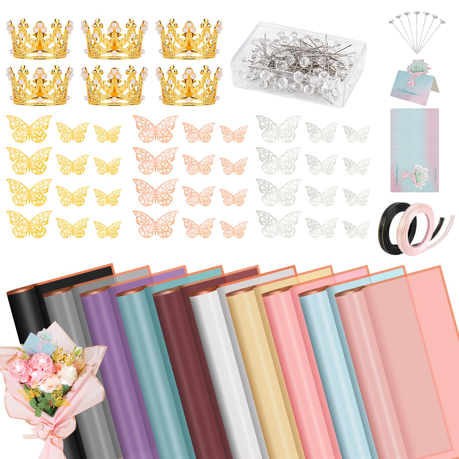 Photo 1 of Hossmily 209 Pcs Flower Bouquet Wrapping Paper Waterproof Floral Wrapping Paper Florist Supplies with Butterfly Decoration Crowns Ribbons Bouquet Pin Glue for DIY Craft (10 Colors)