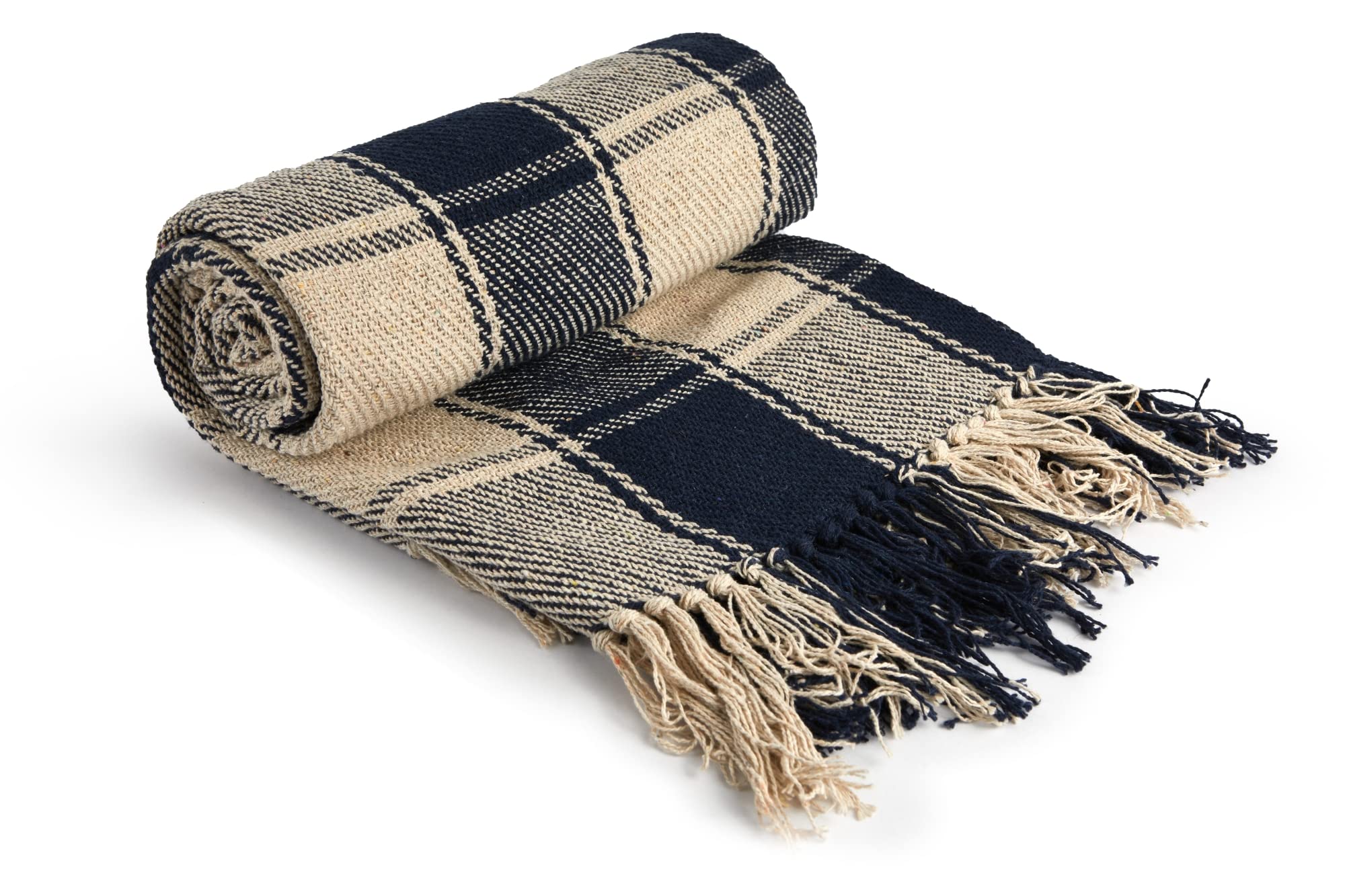 Emma Barclay Frisco - Recycled Cotton Traditional Check Chair Sofa Setee Throw Over Blanket in Navy Blue - 50x60 (127x152cm)