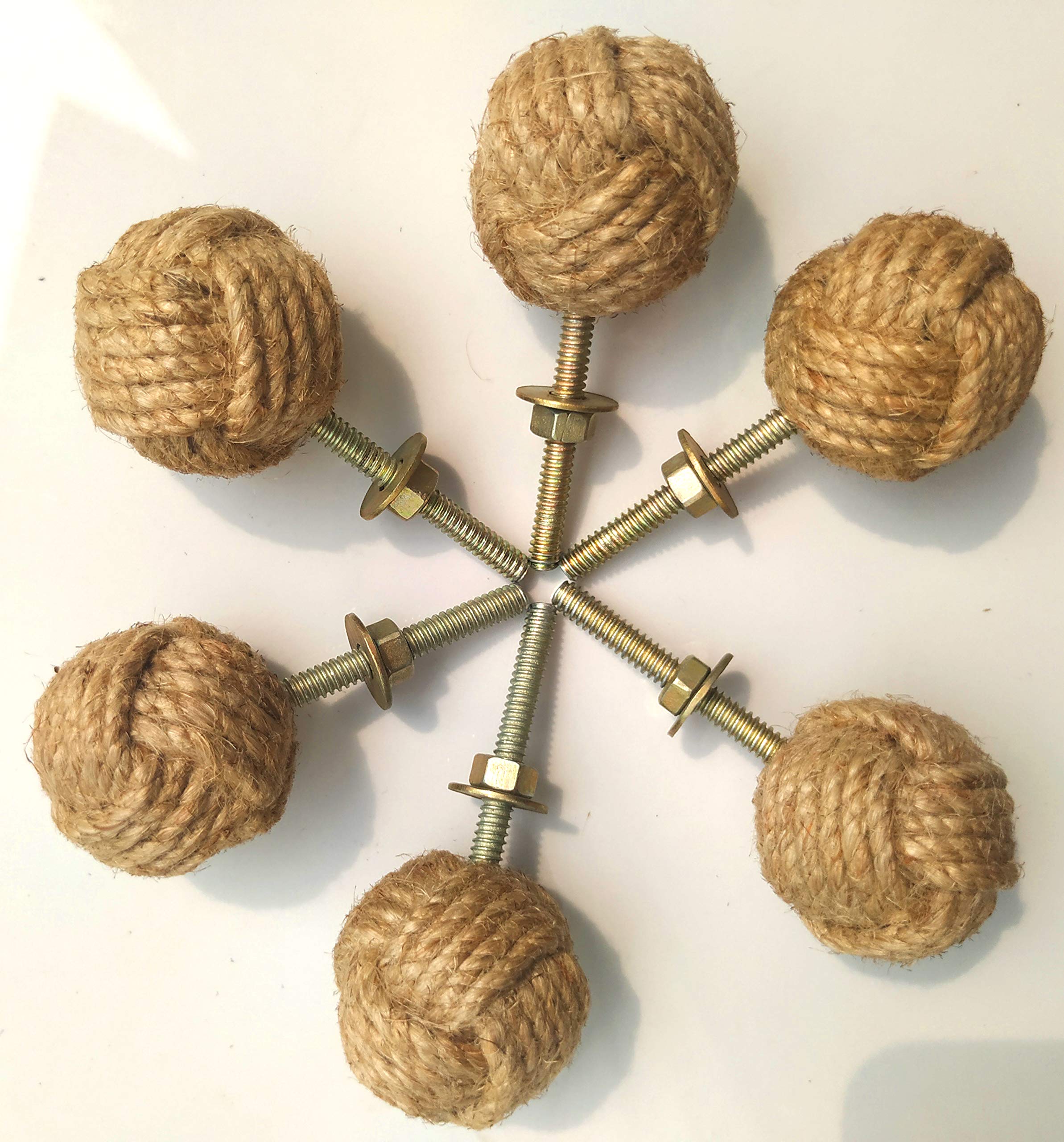 Jute Rope Door Knobs/Rope Knot Drawer Pulls and Knobs/Pull and Push Handle Knobs for Cabinets, Wardrobes & Cupboards/Nautical Hardware Decor, 35 mm Set of 6
