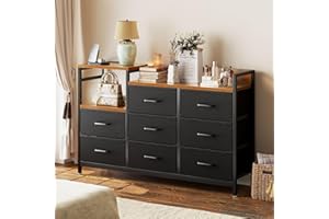 Casaottima Dresser for Bedroom with Charging Station, 52" Long Dresser with 8 Storage Drawers, Large Fabric Dressers Chests of Drawers with Shelves, Black and Vintage