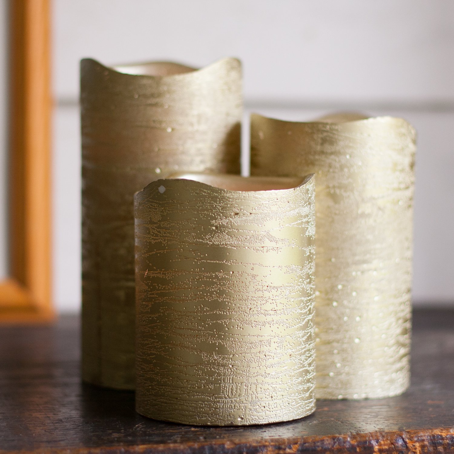 3 Distressed Gold Flameless Candles With Warm White LEDs, Wax