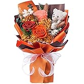 Polylove Mother Day Gift Forever Flowers Bouquet Preserved Roses with Bear Gift Box for Wife Anniversary Birthday (Orange)