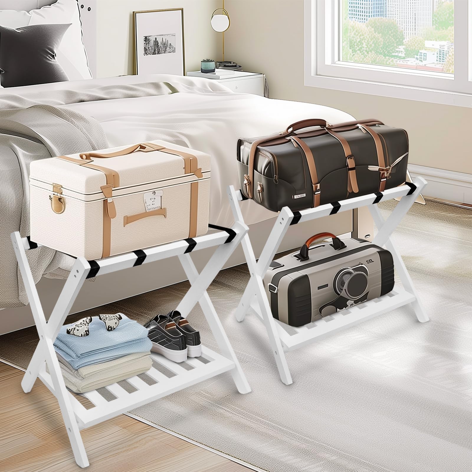 SECLATO Luggage Racks Wood Folding Suitcase Stand with Storage Bags ...