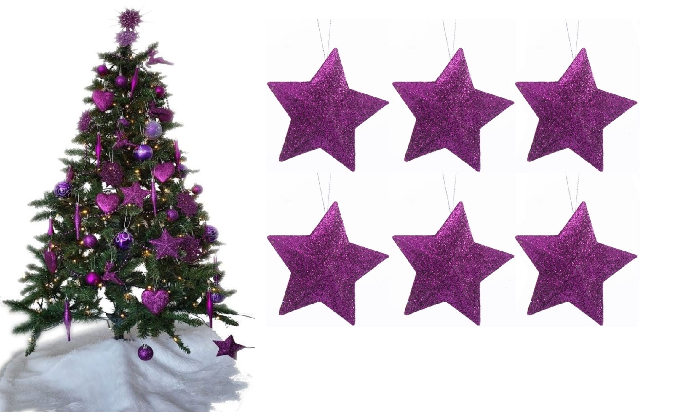 Pack of 6-8cm 3D Glitter Star Baubles Christmas Tree Decorations (Dark Purple) — image 1