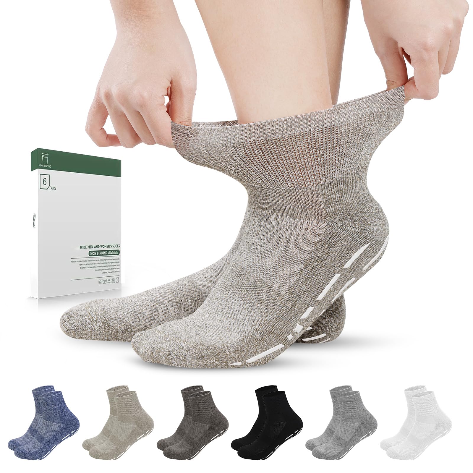 Photo 1 of Bulinlulu Diabetic Socks with Grippers for Women&Men-6 Pairs Non Binding Diabetic Ankle Socks,Wide Non Skid Loose Top Socks with Seamless Toe(Large,Light Dark Colors)