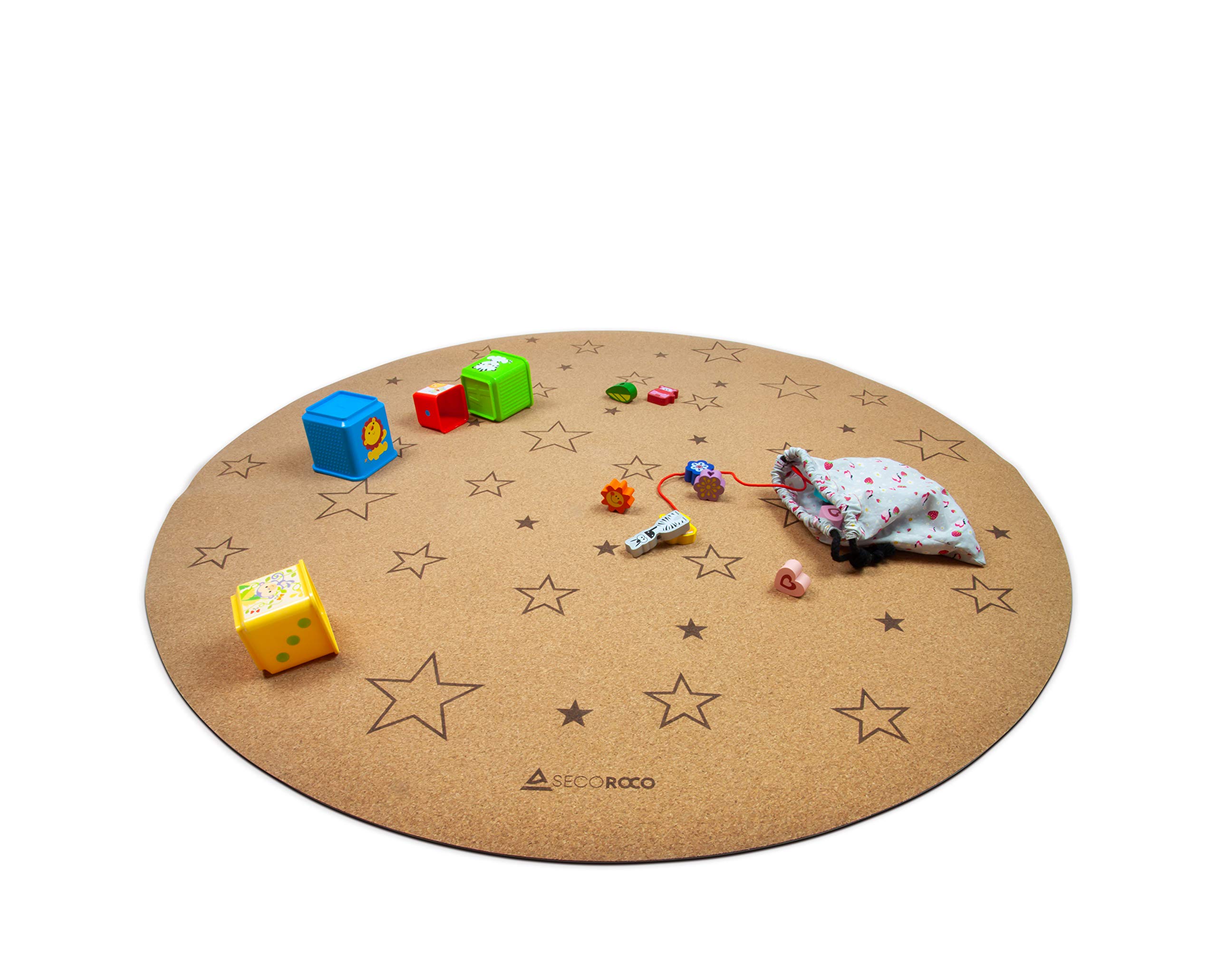 Play mat for baby and toddler, made of cork and rubber, stars 110 cm, non-slip and anti-allergenic, baby mat and crawling mat made of natural materials, includes carry bag