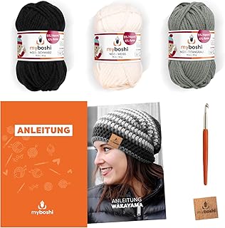 myboshi Häkelset Frauen-Mütze Wakayama, inkl No.1 Wolle, Nadel und Anleitung, für Mützen, Stirnbänder und Schals, DIY-Strickpaket, 30% Merinowolle, Farbe Schwarz, Weiß, Titangrau