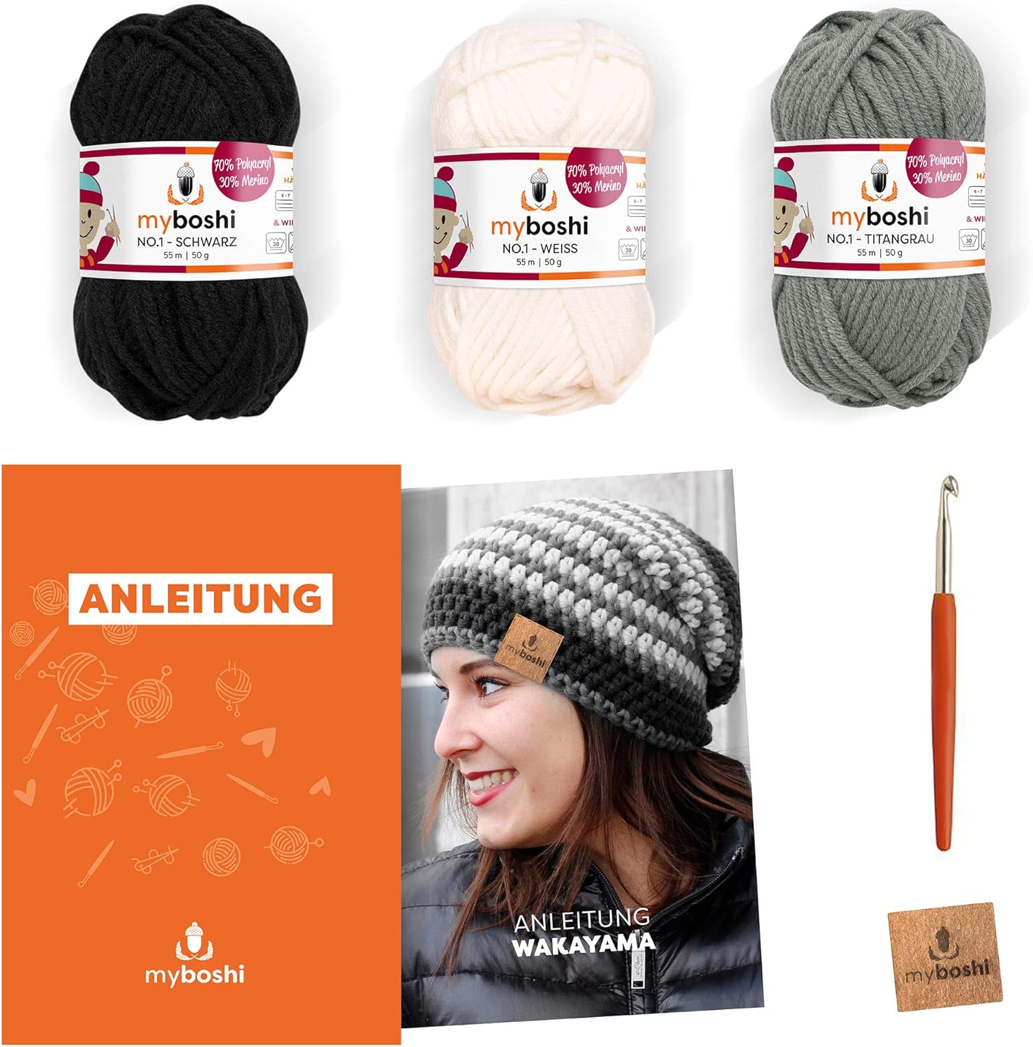 myboshi Häkelset Frauen-Mütze Wakayama, inkl No.1 Wolle, Nadel und Anleitung, für Mützen, Stirnbänder und Schals, DIY-Strickpaket, 30% Merinowolle, Farbe Schwarz, Weiß, Titangrau
