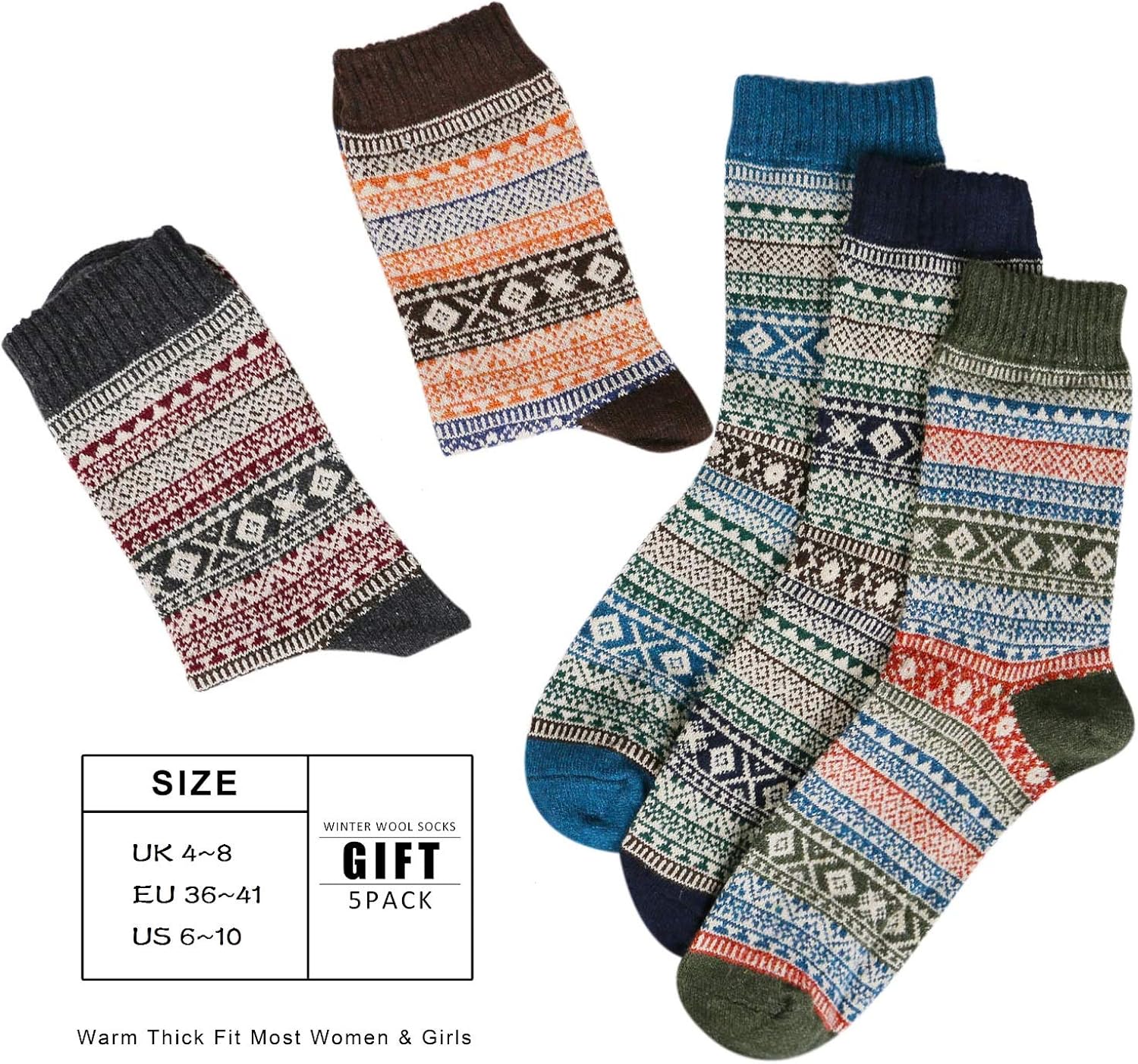 5 works Womens Thermal Wool Socks Warm Knit Ladies Socks for Winter One Size, A6, 1-Blue / black / red / green / brown, 4-8 - Image 5