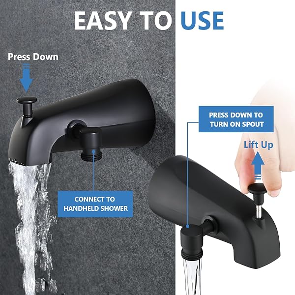 PROOX ALL METAL TUB SPOUT WITH DIVERTER MATTE BLACK, 6 SETTINGS HAND HELD SHOWER WITH ON/OFF PAUSE SWITCH, BATHTUB FAUCET WITH SPRAYER
