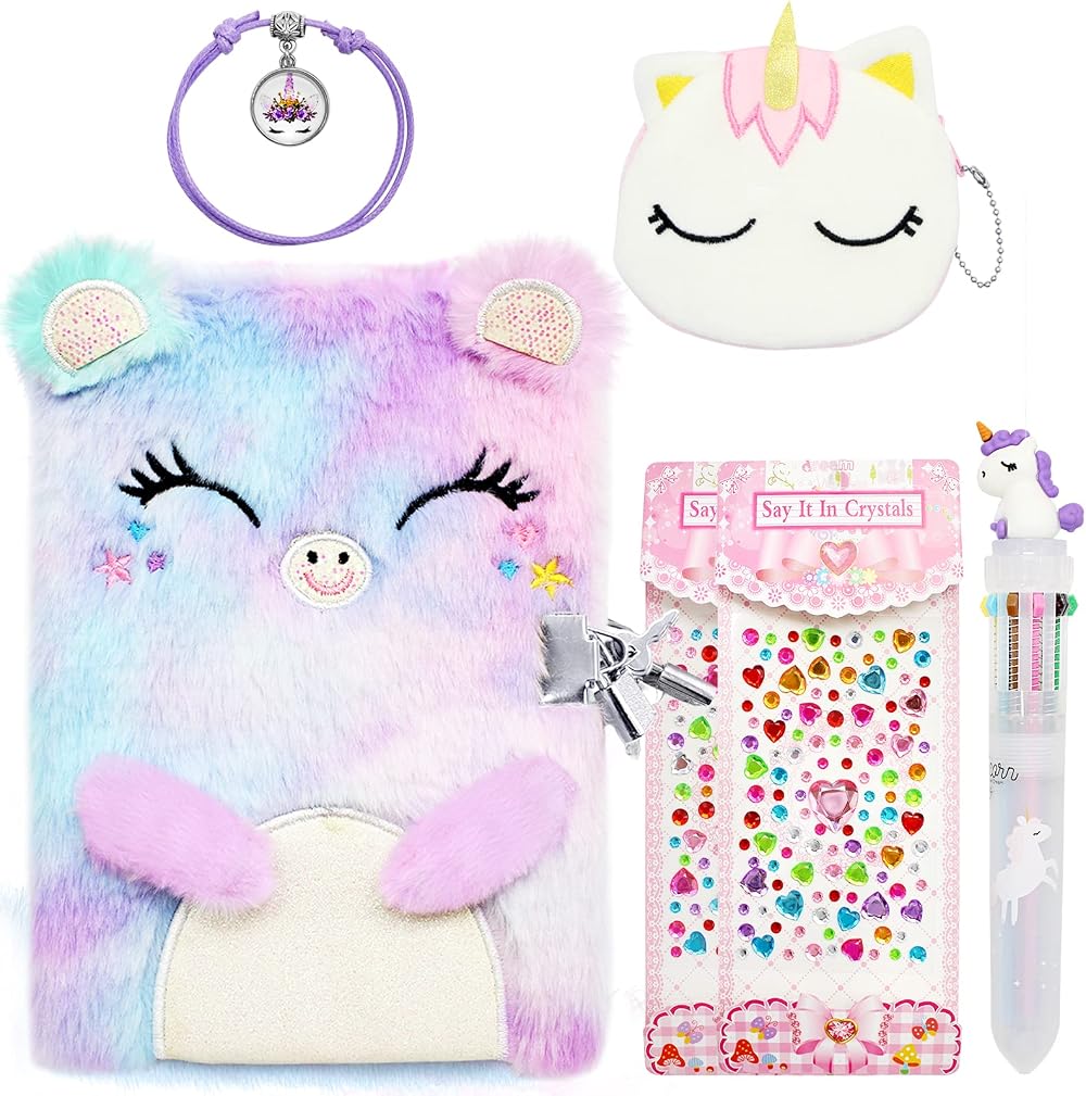 ICEBLUEOR Secret Diary Plush Cat Set for Girls with Lock Unicorn Coin Purse