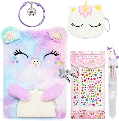 ICEBLUEOR Secret Diary Plush Cat Set for Girls with Lock Unicorn Coin Purse
