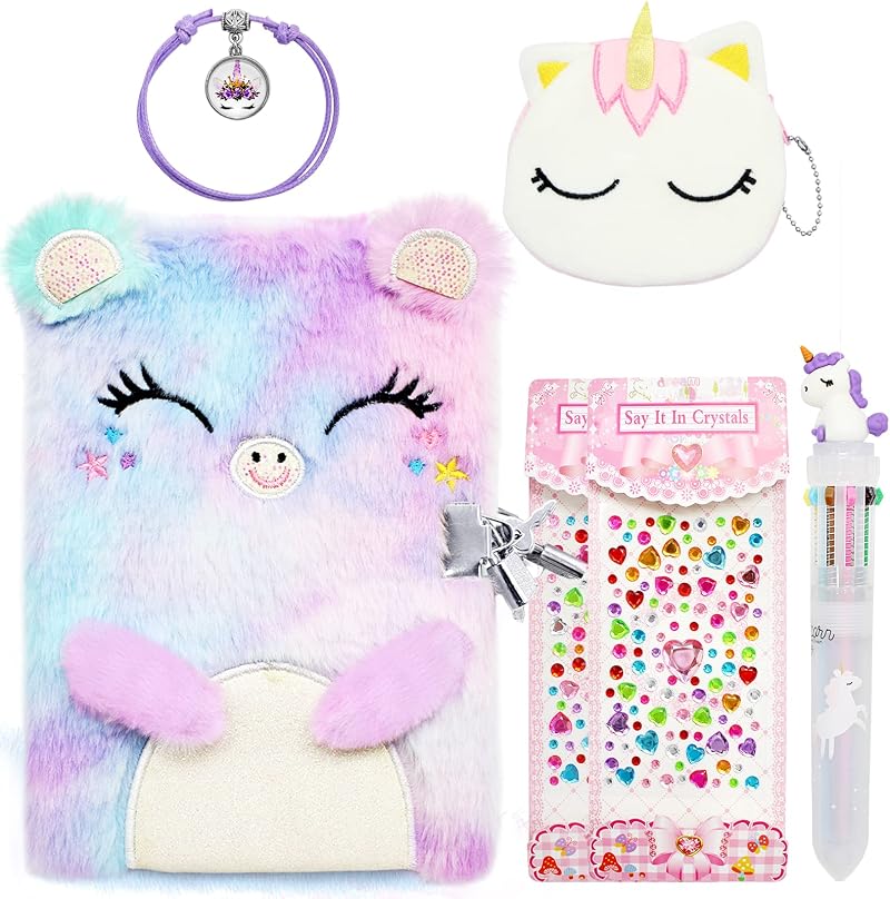 ICEBLUEOR Secret Diary Plush Cat Set for Girls with Lock Unicorn Coin Purse