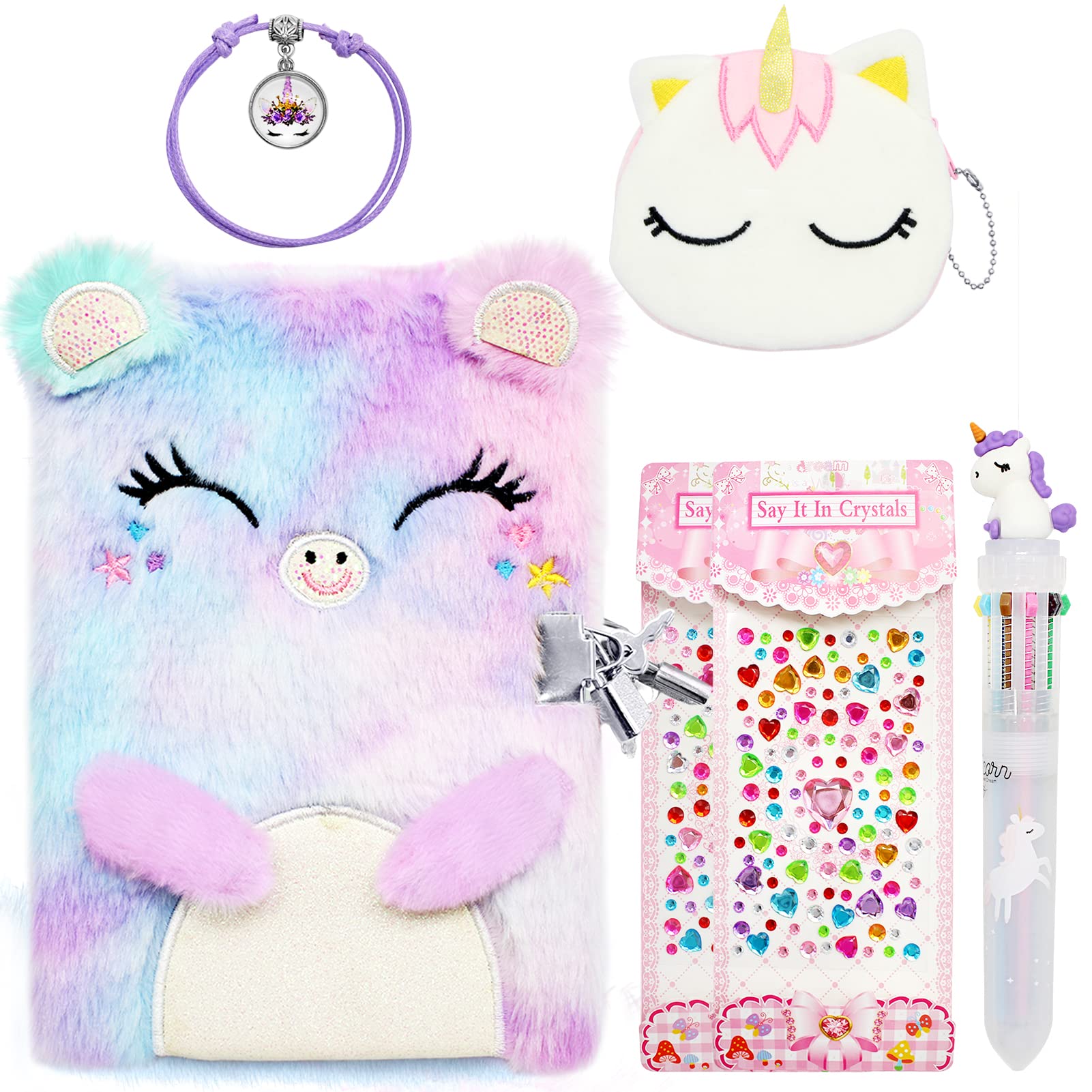 ICEBLUEOR Secret Diary with Lock for Girls, Plush Cat Journal Notebook Set with Unicorn Coin Purse/Pen/Bracelets/Crystal Heart Stickers, Cute Girls Birthday Gifts for Age at 6 7 8 9 10 Years Old