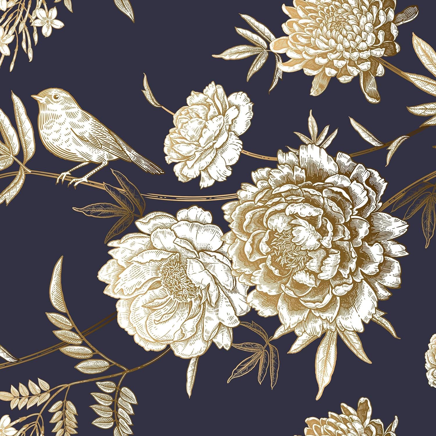 FunStick Black and Gold Wallpaper Living Room Bird Floral Wallpapers Black and Gold Floral Peel and Stick Wallpaper for Bedroom Vintage Garden Sticky Vinyl Wrap for Furniture Flowers Golden 44.5CMx3M