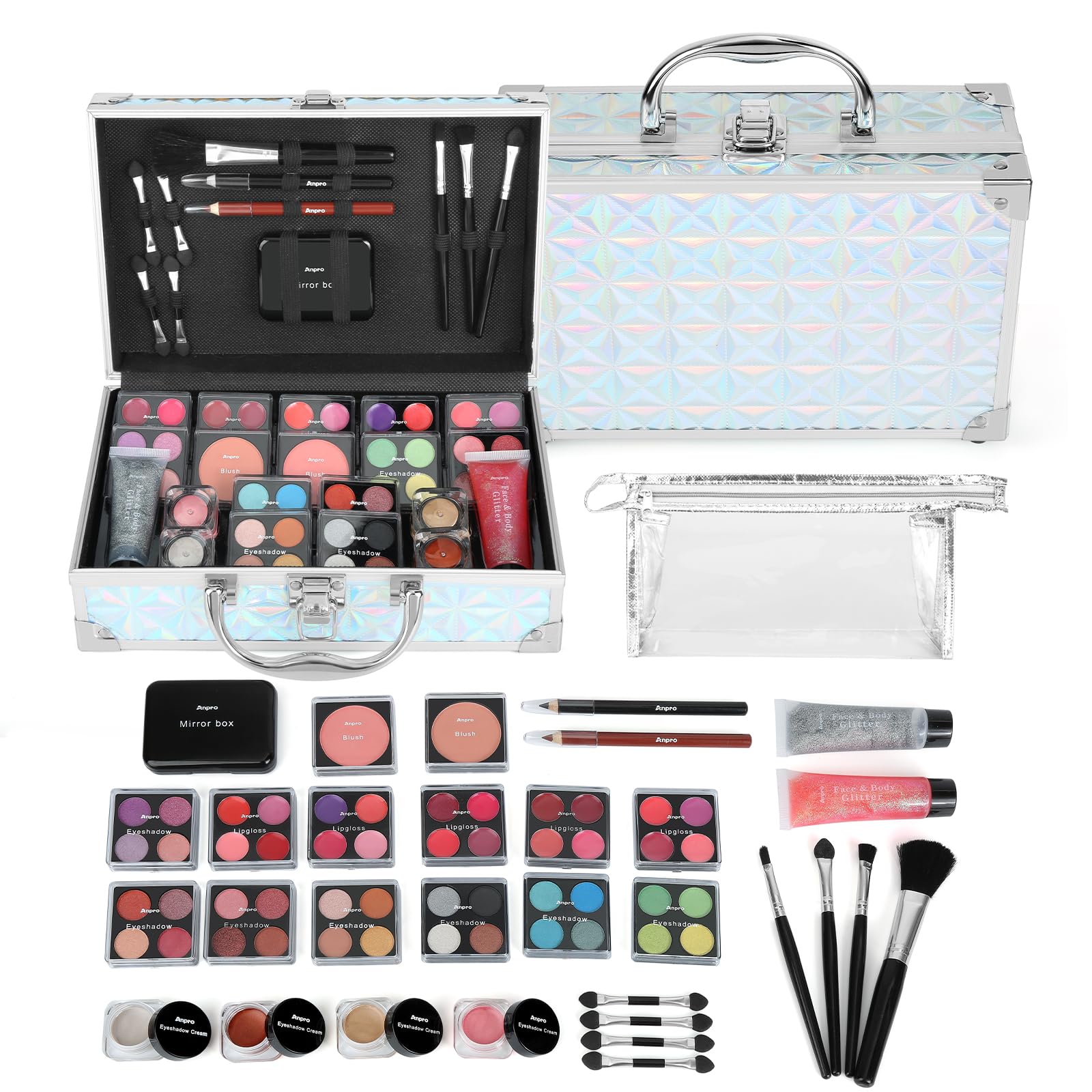 Photo 1 of Anpro All-In-One Makeup Carry Case with Pro Teen Makeup Set, Full Starter Cosmetics Kit with Makeup Brushes, Lipsticks, Eye Shadows Palette, Blushes, Glitter Gel