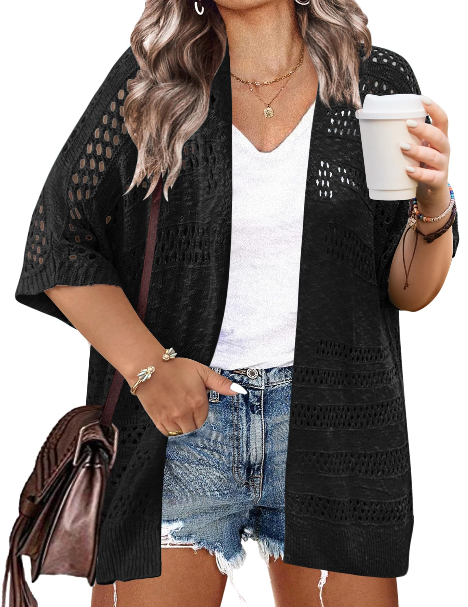Photo 1 of IN'VOLAND Plus Size Lightweight Oversized Cardigan for Women Black Short Sleeve Crochet Summer Loose Fit Open Front Cardigans for Vacation