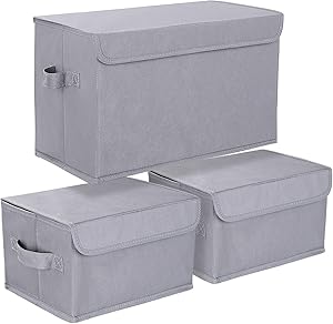 DIMJ Storage Bins with Lids, 3 Packs Cube Organizer Storage Bins for Closet Shelves Home Foldable Cloth Storage Cube with Reinforced Handle