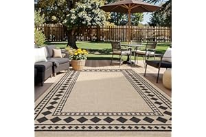 GarveeHome 9x12 Modern Bordered Jute Area Rug Geometric Border Indoor Outdoor Carpet Rug for Living Room Balcony Patio Non-Sl