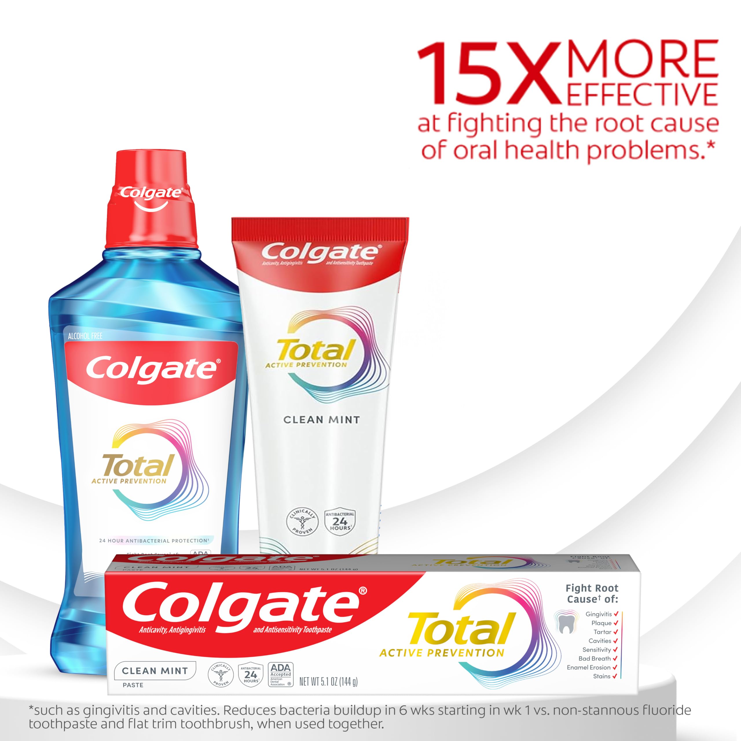 Colgate Total Clean Mint Toothpaste, 10 Benefits, No Trade-Offs, Freshens Breath, Whitens Teeth and Provides Sensitivity Relief, Clean Mint Flavor, 4 Pack, 5.1 Oz Tubes