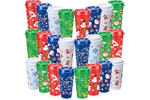 Jingmore 24 Pcs Christmas Coffee Cups Gifts Bulk 16 oz Reusable Xmas Coffee Plastic Tumblers with Lid Thank You Travel Mug Coworkers Gifts for Holiday Party Supplies Hot Cold Drinks(Novelty Style)