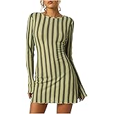 Milumia Women's Y2k Striped Knit Long Sleeve Mini Dress Tie Backless A Line Bodycon Dresses