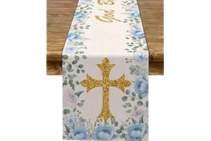 Pudodo Boy Baptism Table Runner God Bless First Holy Communion Christening Baby Shower Party Kitchen Dining Home Decoration (13" x 72", Blue)