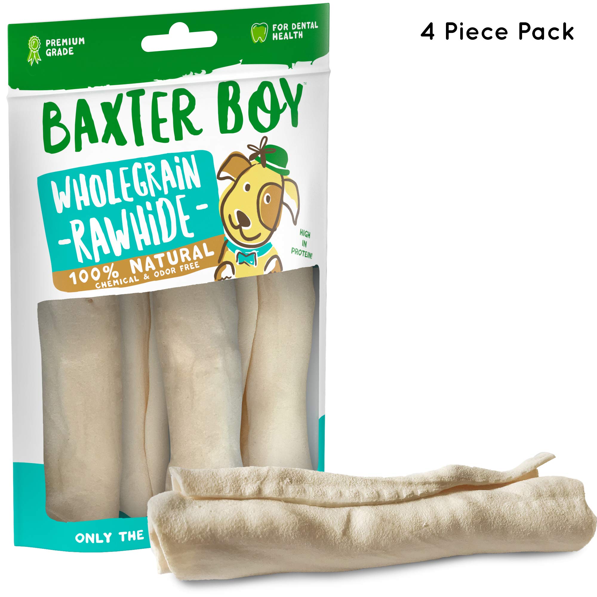 Baxter Boy Premium Rawhide Roll for Dogs Natural Chews Extra Thick Treat – Large 8”– 9” (4 Pack)