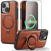 CHEEWADA Compatible with iPhone 15 Plus Case with Stand, Compatible with MagSafe, Slim PU Leather & Durable TPU Plustective Cover Drop-Plusof with Tempered Glass Screen Plustector 6.7", Brown