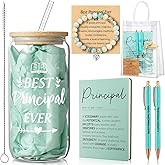 Vesici 6 Pcs Principal Appreciation Gifts for Men Women 16 oz Glass Tumbler with Lid Thank You Leather Notebook Pens Bracelet Gift Bag for Principal Day Christmas Birthday Retirement(Green)