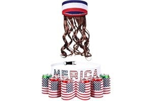 Canlierr 2 Pcs Christmas America Beverage Beer Belt Holder and Funny Mullet Wigs Headband 4th of July Patriotic USA Flag Gift Beer Accessories for Men