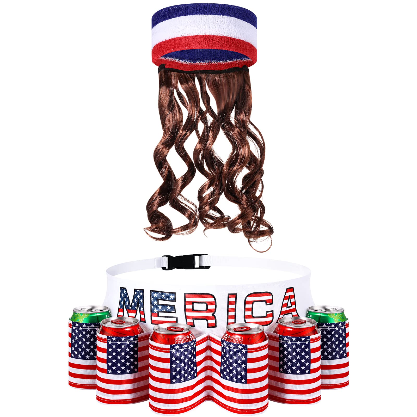 Photo 1 of Canlierr 2 Pcs 4th of July Patriotic Beverage Beer Belt Holder and Mullet Wigs Headband Wig USA American Flag Beer Gift for Men Christmas Halloween Costume