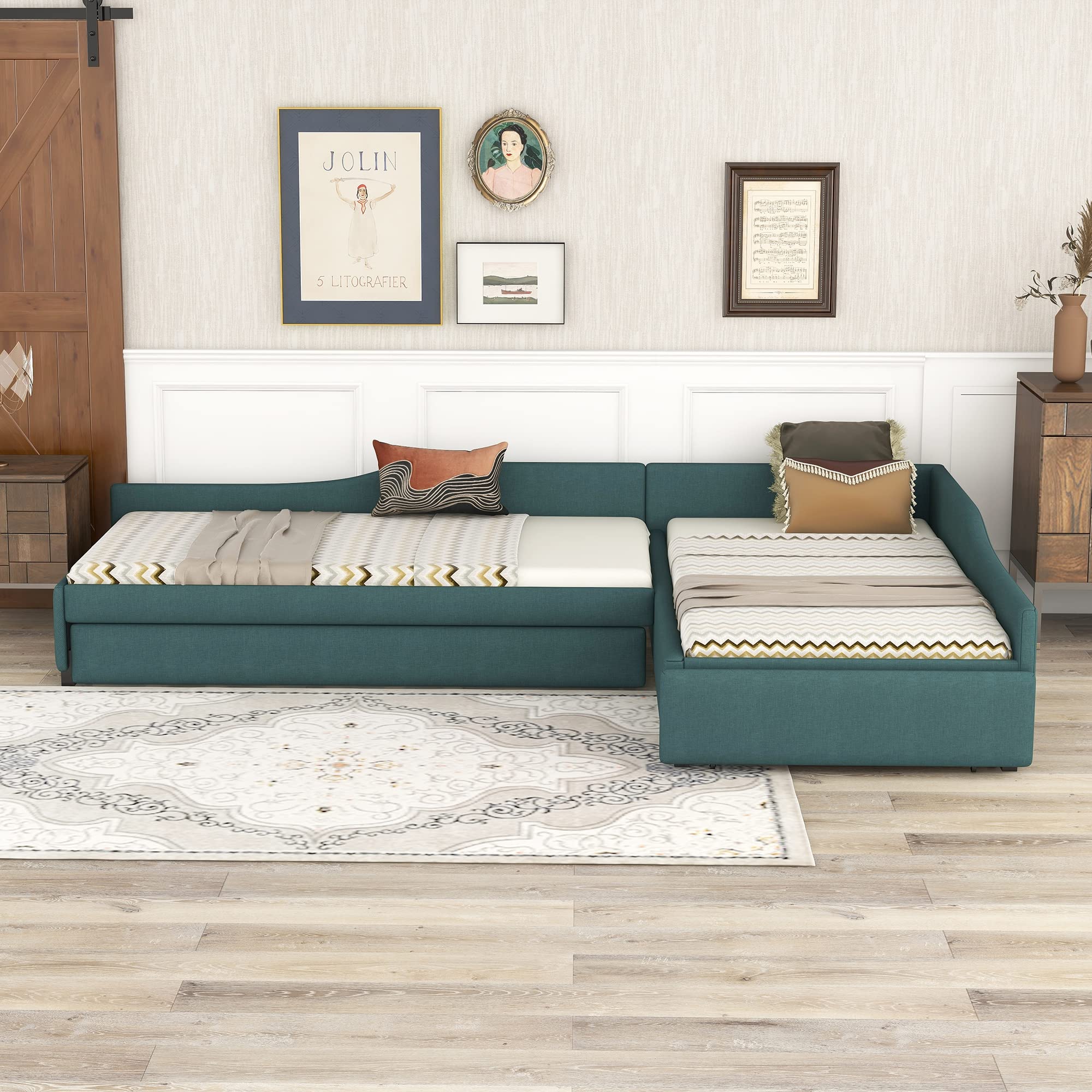 Photo 1 of BOX 1 AND 2 ONLY OUT OF 3 - DERCASS Upholstered Double Daybed,Sofa Bed Frame with Trundle and Drawer for Guest Room, Bedroom,No Box Spring Required (Green, Twin) BOX 3 NOT INCLUDED