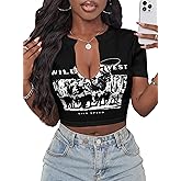 Hilinker Women's Sexy Graphic Crop Tops Short Sleeve V Neck T Shirts Summer Tees