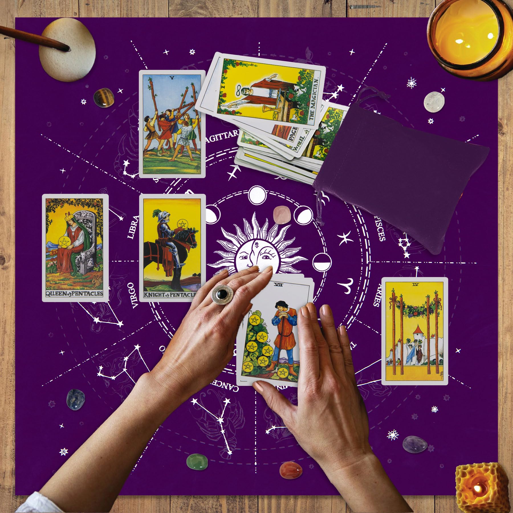 Knana 9Pcs Velvet Tarot Card Cloth Altar Cloth Tarot Cards Mat with Tarot Card Bag Crystals 19.7 x 19.7 inches (Purple)
