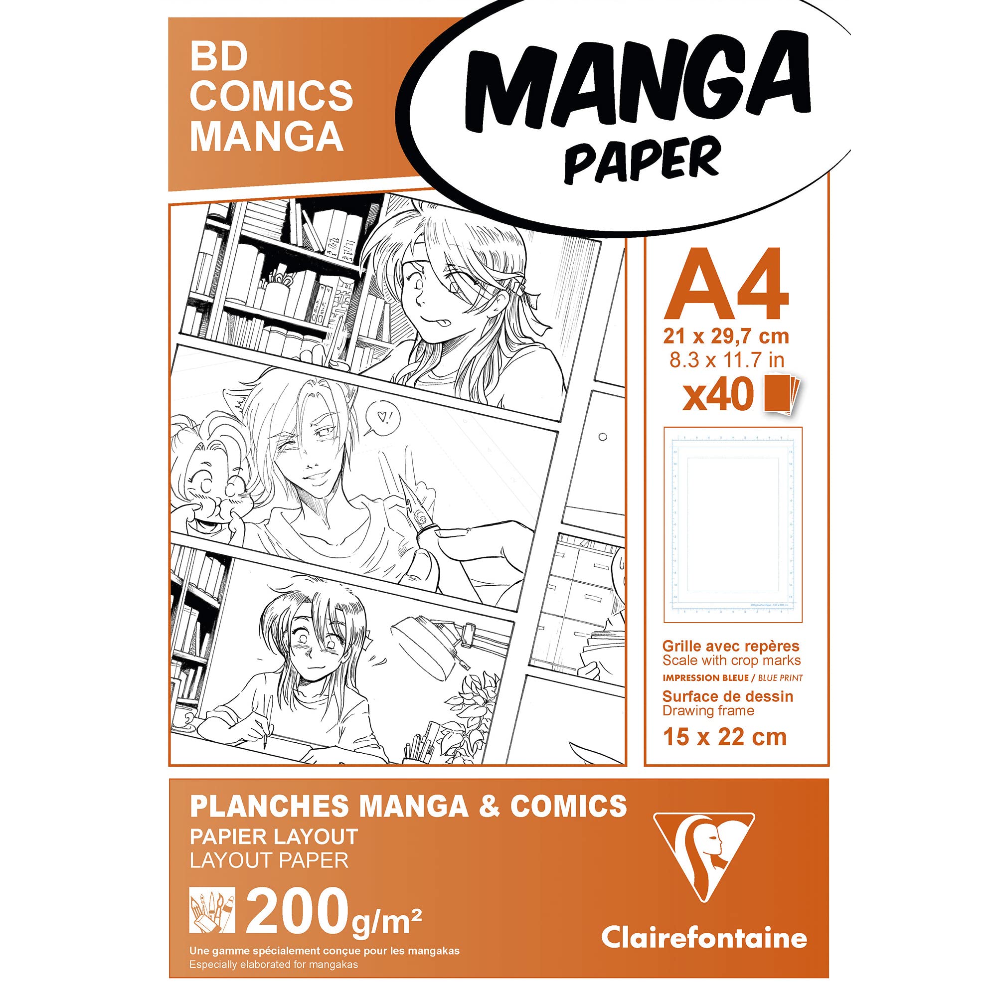 Clairefontaine - Ref 94045C - Manga Multi-Technique Paper With Simple Frame (40 Sheets) - A4 (297 x 210mm) Size, 200gsm Paper, White & Smooth, Ideal for Markers, Bleedproof
