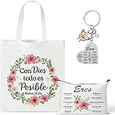 Y1tvei Spanish Christian Gifts For Women - 3Pcs Con Dios Todo Es Posible Spanish Bible Verse Canvas Tote Bag with Keychain Inspirational Christian Religious Makeup Bag Spiritual Catholic baptism Gifts