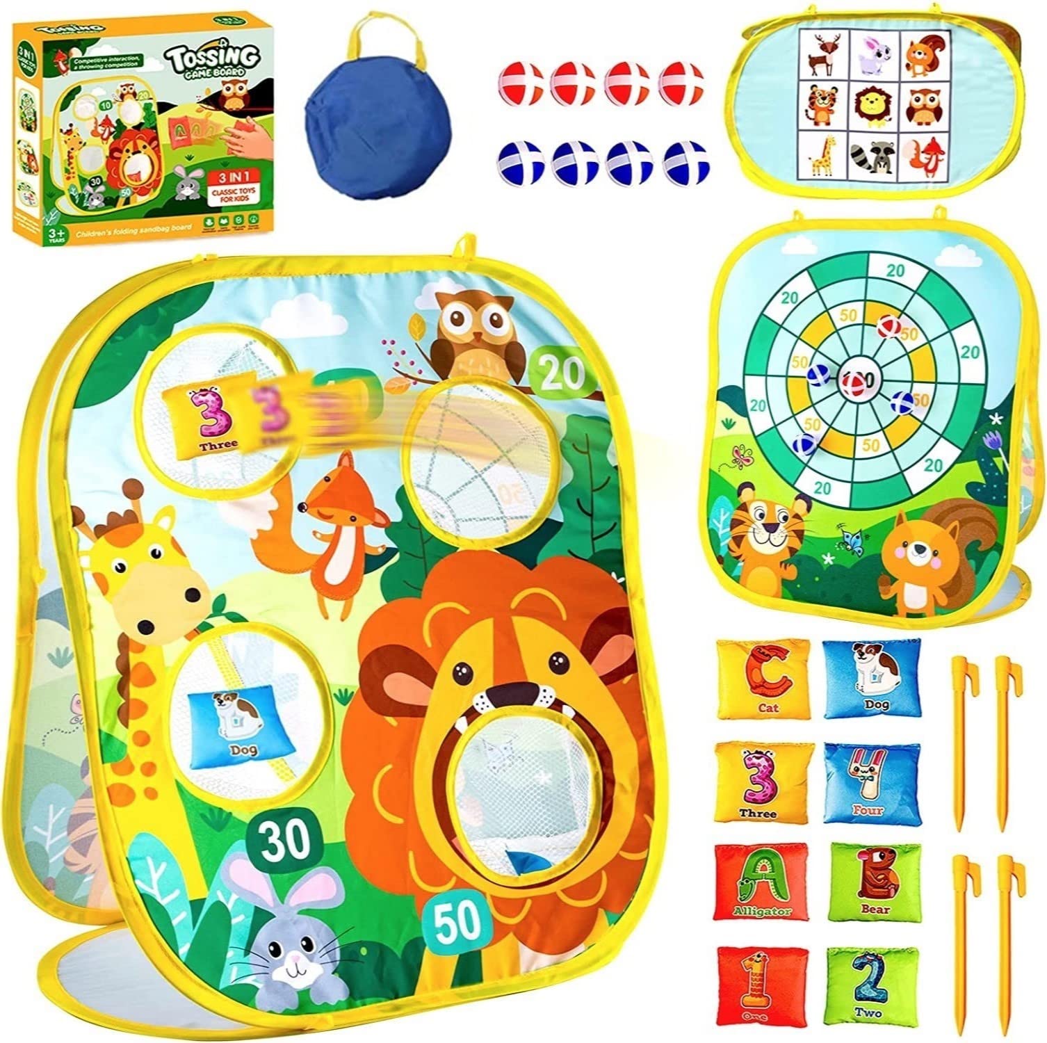 LATERN 3 In 1 Bean Bag Toss Game Toy, Lion Forest Theme Foldable Corn Hole Game, Safety Dart Game and Tic Tac Toe Game for Boys Girls Indoor Outdoor Garden Party
