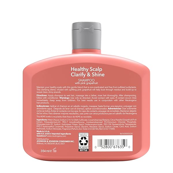 NEUTROGENA EXFOLIATING HEALTHY SCALP CLARIFY & SHINE SHAMPOO FOR OILY HAIR AND SCALP, ANTI-RESIDUE SHAMPOO WITH PINK GRAPEFRUIT, PH-BALANCED, PARABEN & PHTHALATE-FREE, COLOR-SAFE, 12OZ