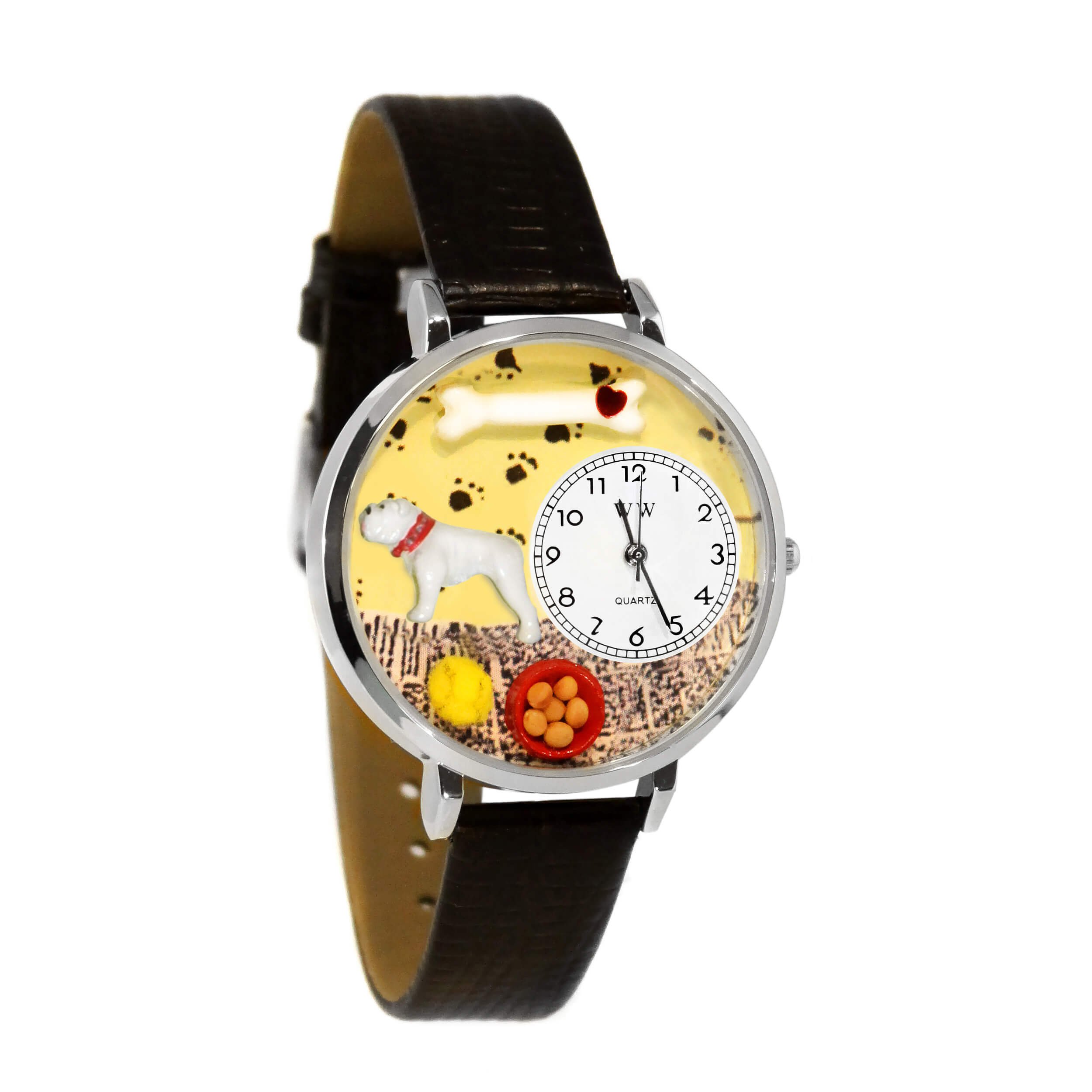 Whimsical Watches Bulldog Black Skin Leather and Silvertone Unisex Quartz Watch with White Dial Analogue Display and Multicolour Leather Strap U-0130018