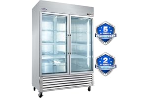 ORIKOOL 54" W Commercial Glass-Door Reach-In Refrigerator - Tempered Glass Double Door Fridge, 46 Cu.ft Capacity, 6 Adjustable Shelves, Auto Defrost, Digital thermostat control, LED Lighting