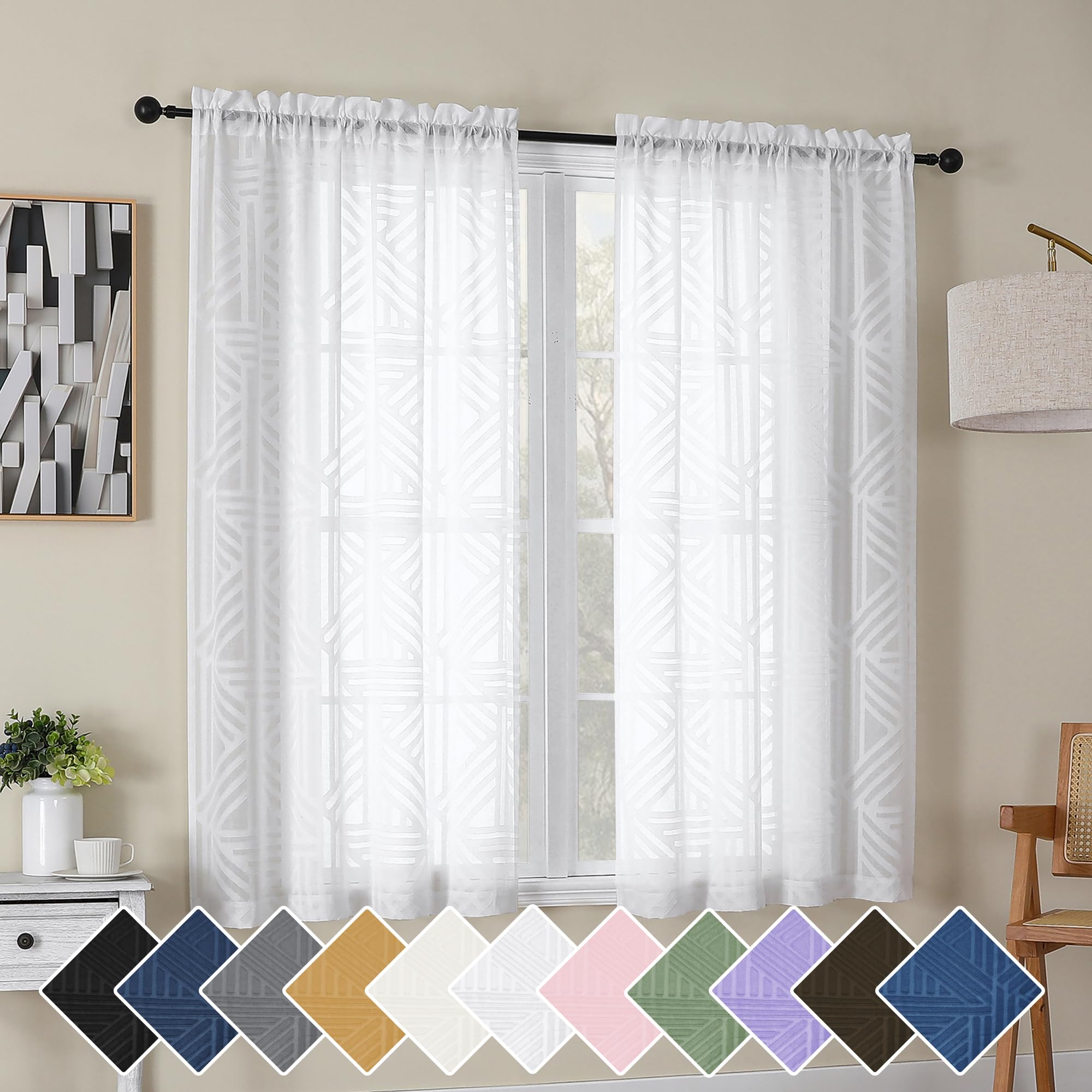 Photo 1 of Simplebrand Semi Sheer White Curtains 45 Inch Length 2 Panels, Geometric Jacquard Clip Textured Short Sheer Curtains for Bedroom?Modern Elegant Window Curtains Panels/Drapes/Treatment Sheer?42x45 inch
