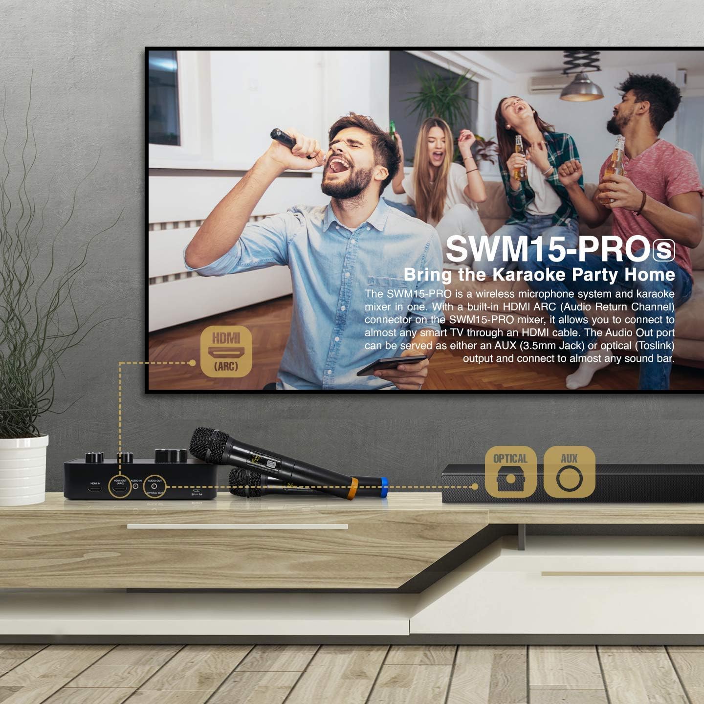 Sound Town Wireless Microphone Karaoke Mixer System, Supports HDMI ARC, Optical (Toslink), Smart TV, Media Box, PC, Bluetooth, Soundbar, Receiver, AUX (SWM15-PROS): Home Audio & Theater